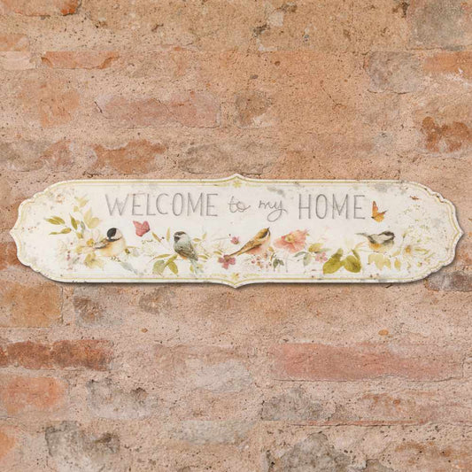 Targa in metallo sagomato "Welcome to my home" 42x11 - Nuvole di stoffa