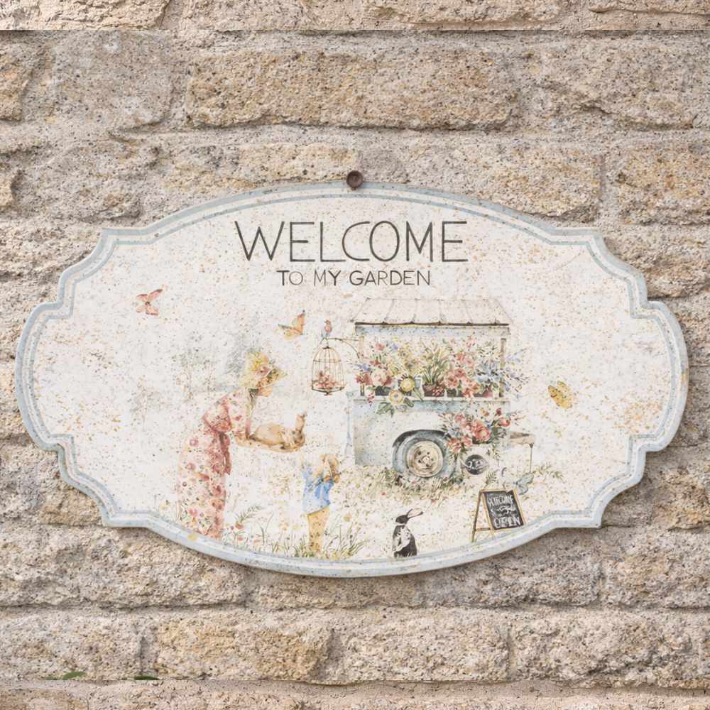 Targa in metallo sagomato "Welcome to my garden" 42x26.5 - Nuvole di stoffa
