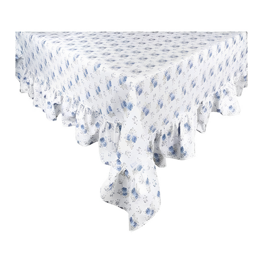 Tovaglia in stoffa floreale e fiori azzurri con balza 160x200 - Nuvole di stoffa