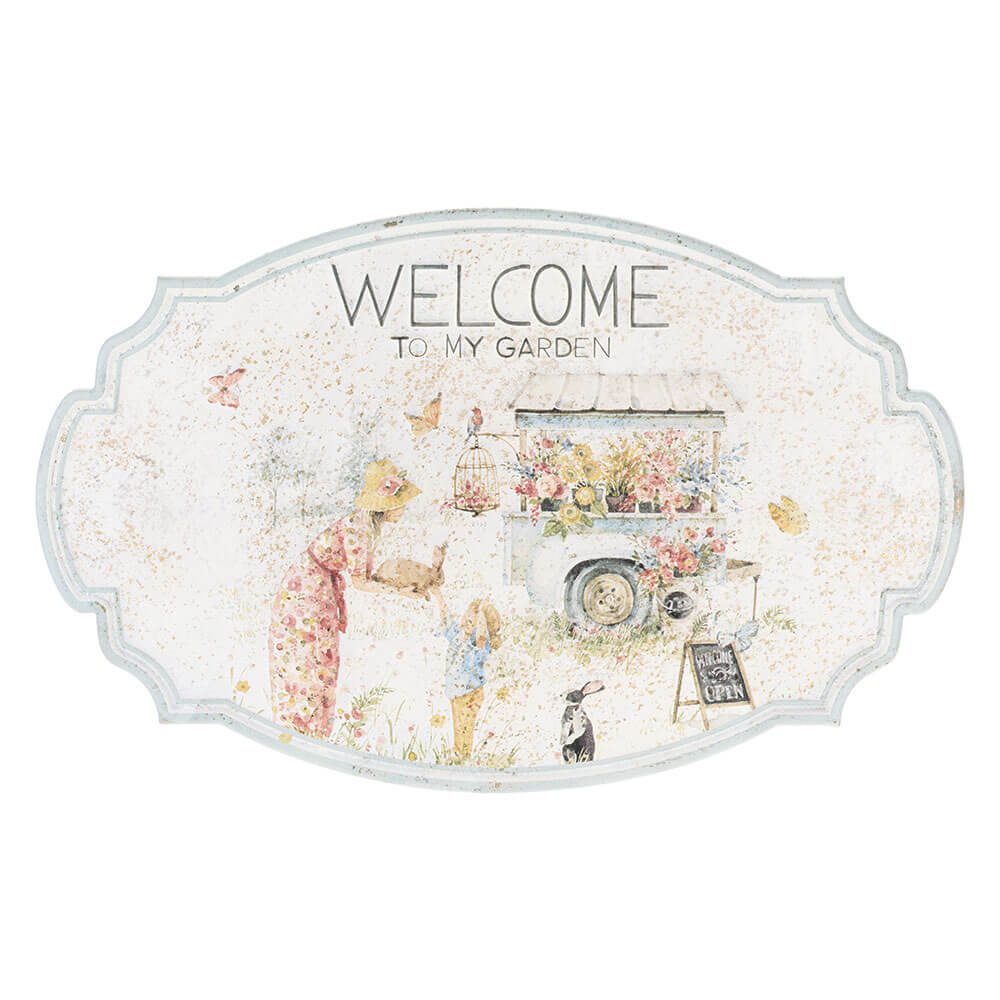 Targa in metallo sagomato "Welcome to my garden" 42x26.5 - Nuvole di stoffa